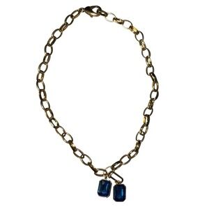 Gold Plated Chain Necklace With Blue CZ Rectangle Pendants‎ Lobster Clasp